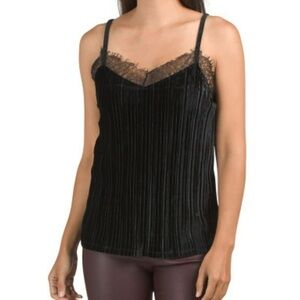 NEW ANDREA JOVINE Womens Textured Velvet Lace Trim Camisole Top Black Sz L